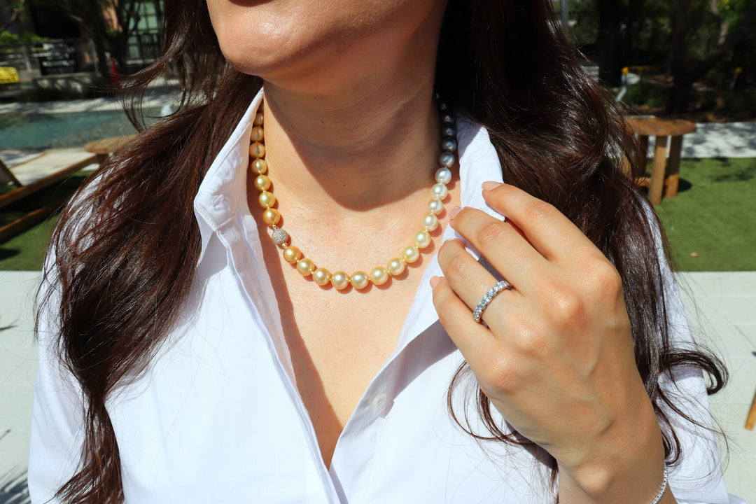 10mm Ombré Tahitian, Gold & White South Sea Pearl Strand with a 14K Yellow Gold Pave Ball