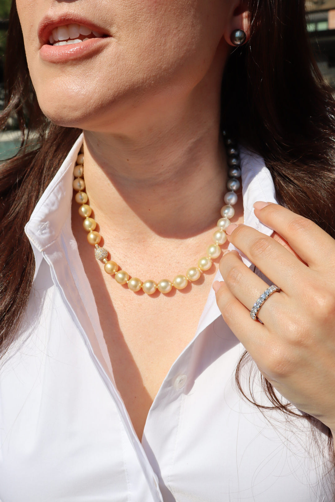 10mm Ombré Tahitian, Gold & White South Sea Pearl Strand with a 14K Yellow Gold Pave Ball