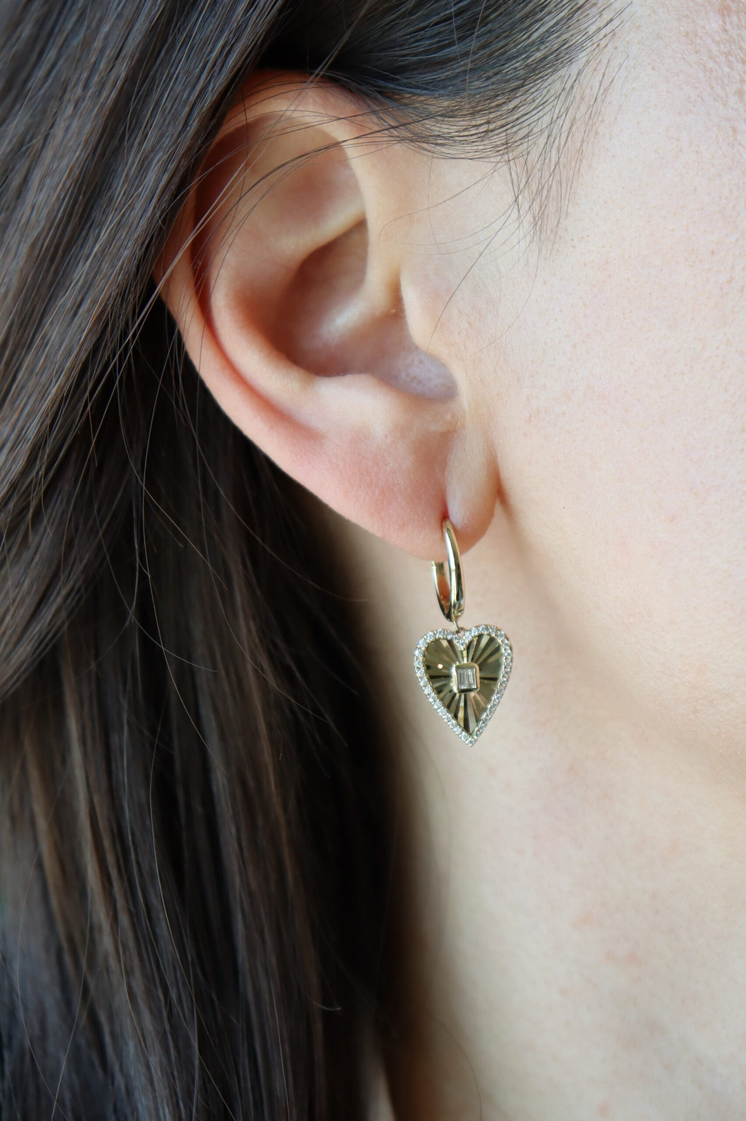 Fluted Baguette and Diamond Heart Earrings in 14K Gold