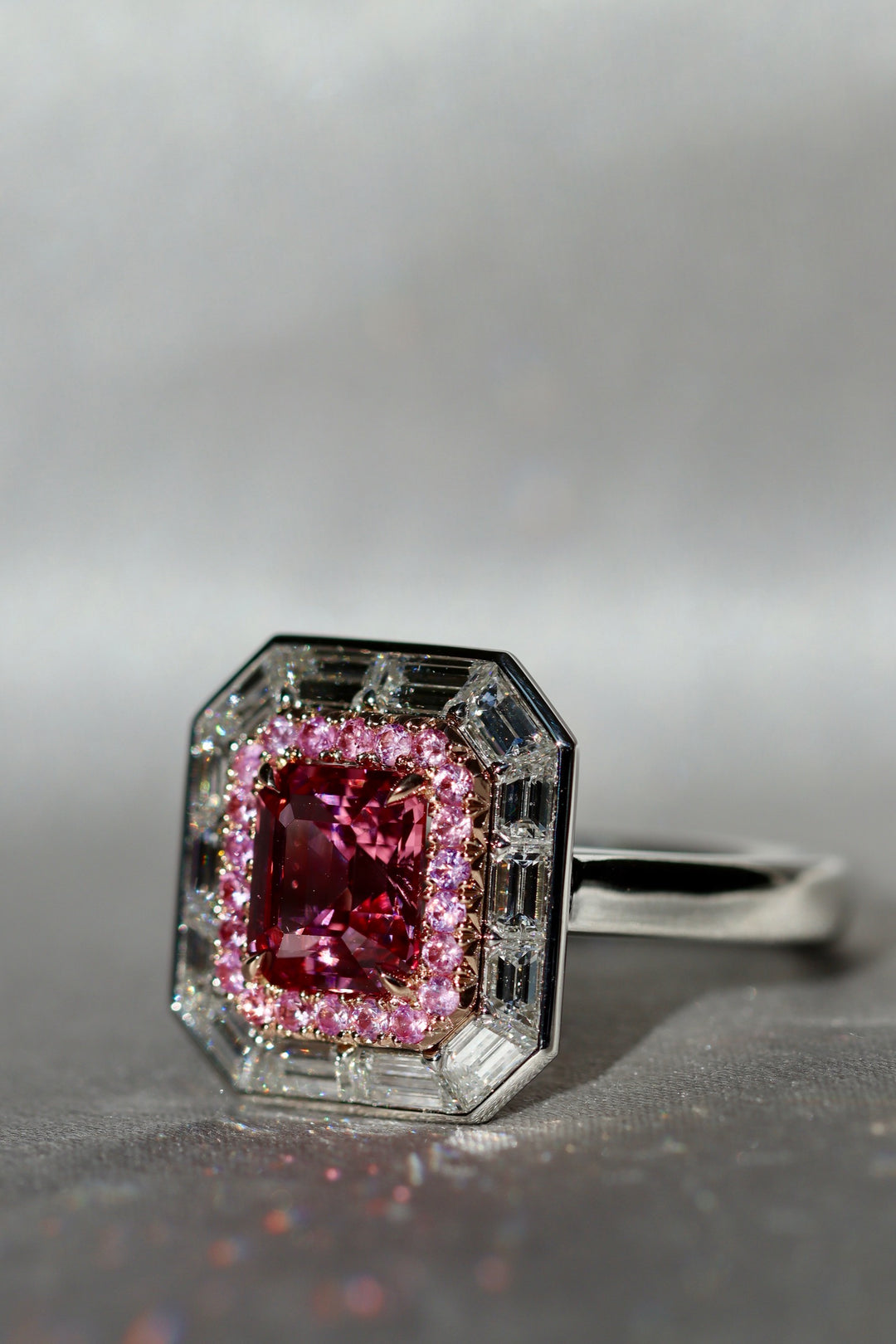 2.05ct Emerald Cut Pink Spinel, Pink Sapphire, & Diamond Ring in Platinum & 18K Rose Gold