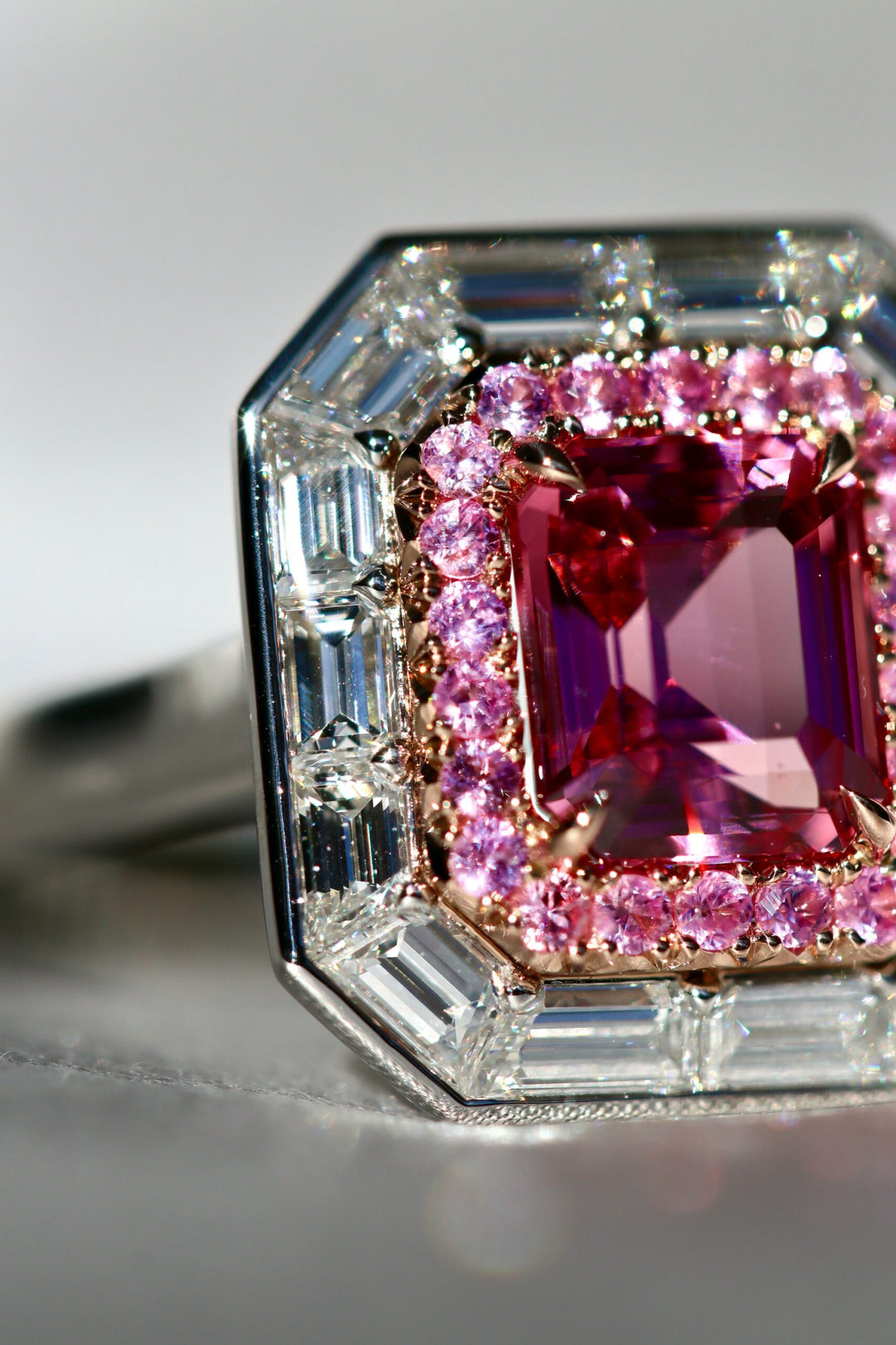 2.05ct Emerald Cut Pink Spinel, Pink Sapphire, & Diamond Ring in Platinum & 18K Rose Gold