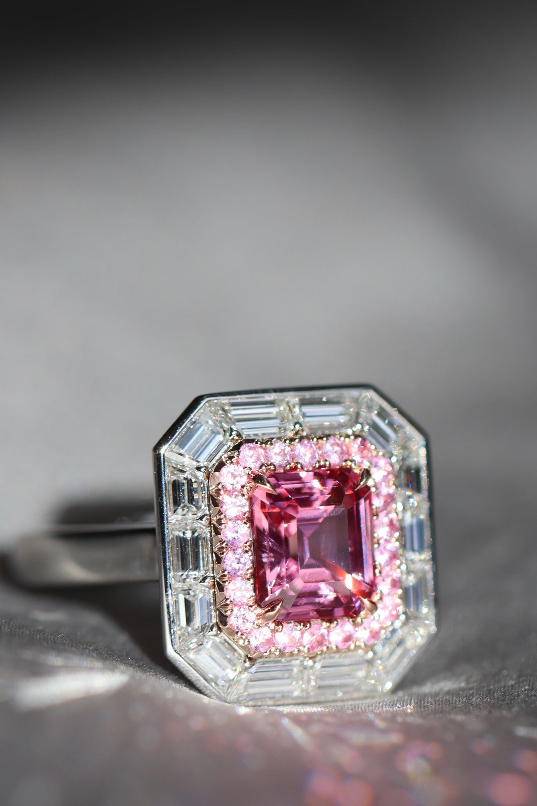 2.05ct Emerald Cut Pink Spinel, Pink Sapphire, & Diamond Ring in Platinum & 18K Rose Gold