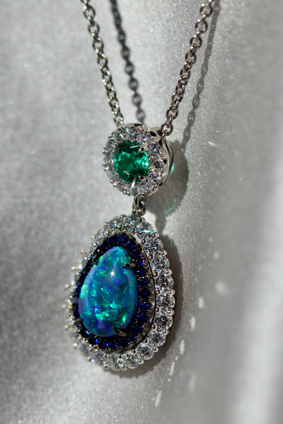 Pear Shape Australian Black Opal, Sapphire, Emerald & Diamond Drop Slider Necklace