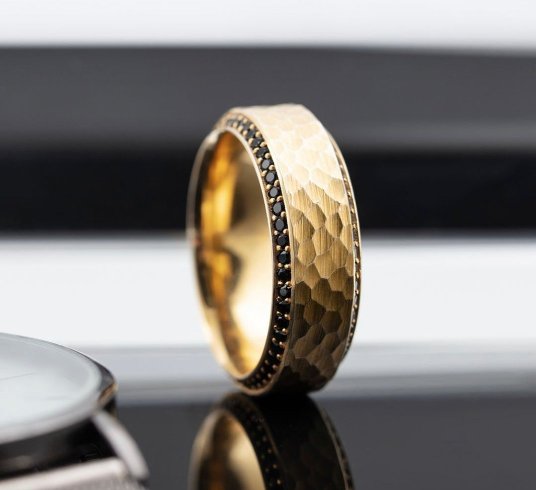 18K Yellow Hammered Band with Black Diamonds by Lashbrook