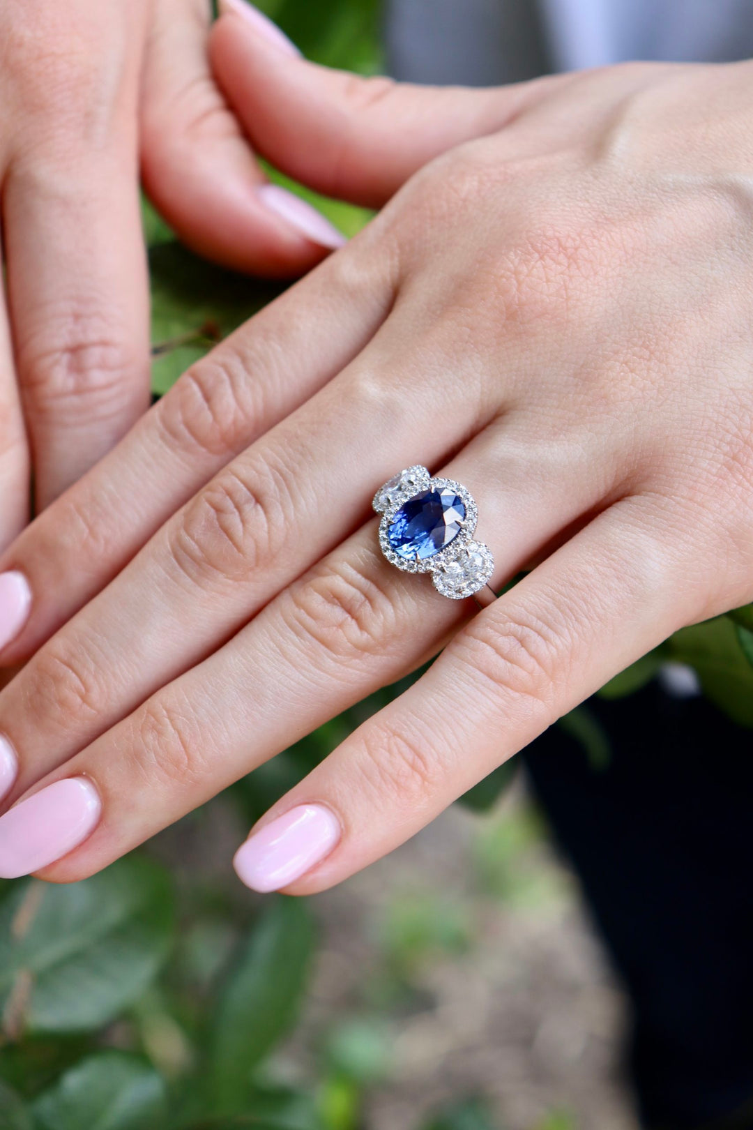 Oval Ceylon Sapphire & Diamond Three Stone Ring