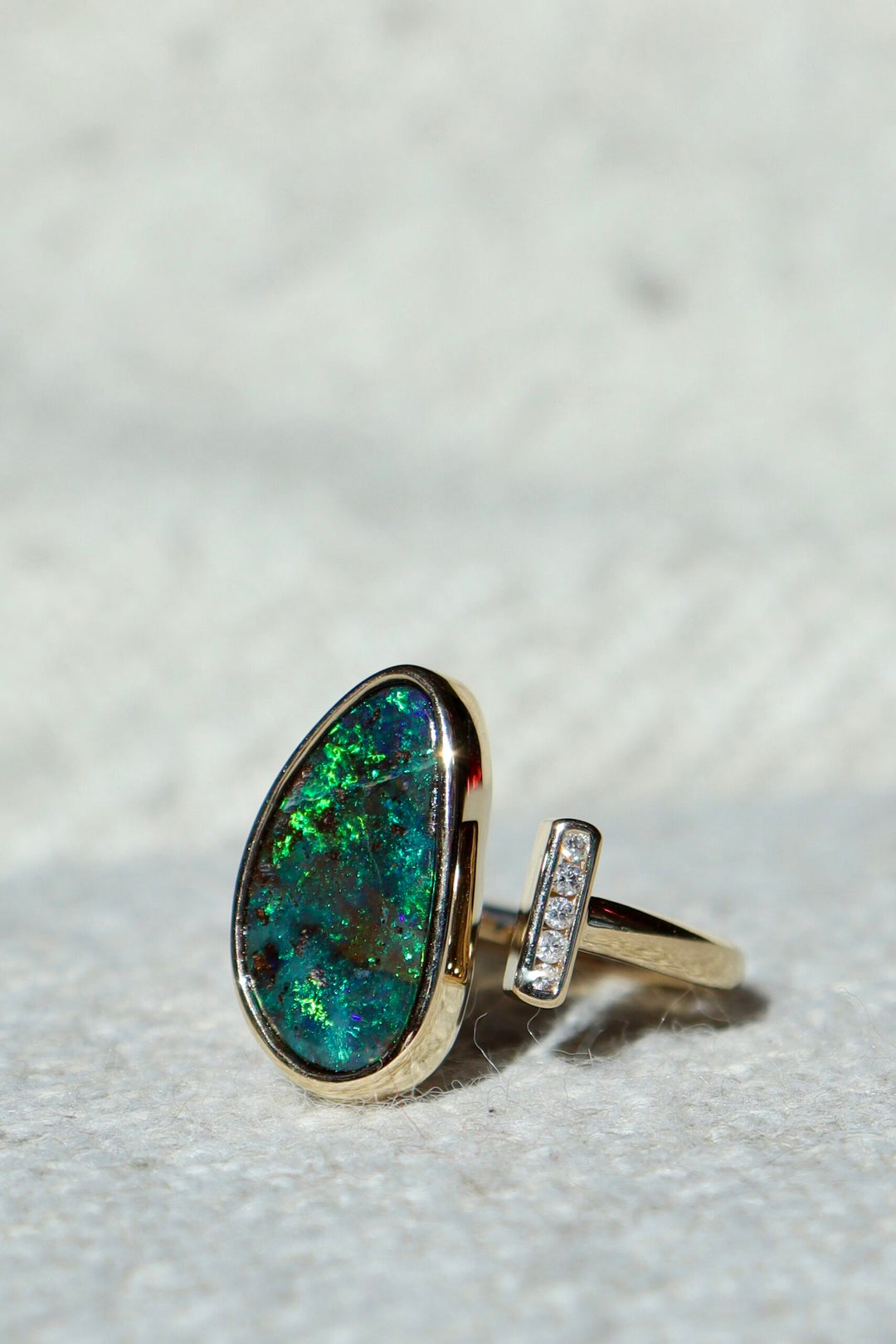 4.24ct Freeform Australian Boulder Opal & Diamond Two-Stone Ring