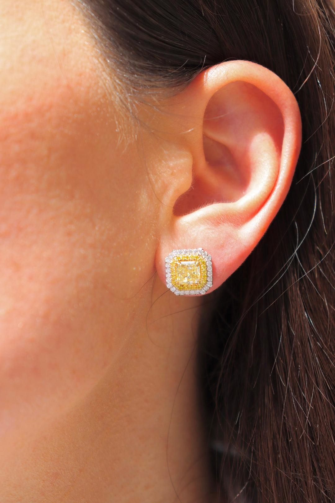 Radiant Fancy Yellow Diamond Double Halo Stud Earrings