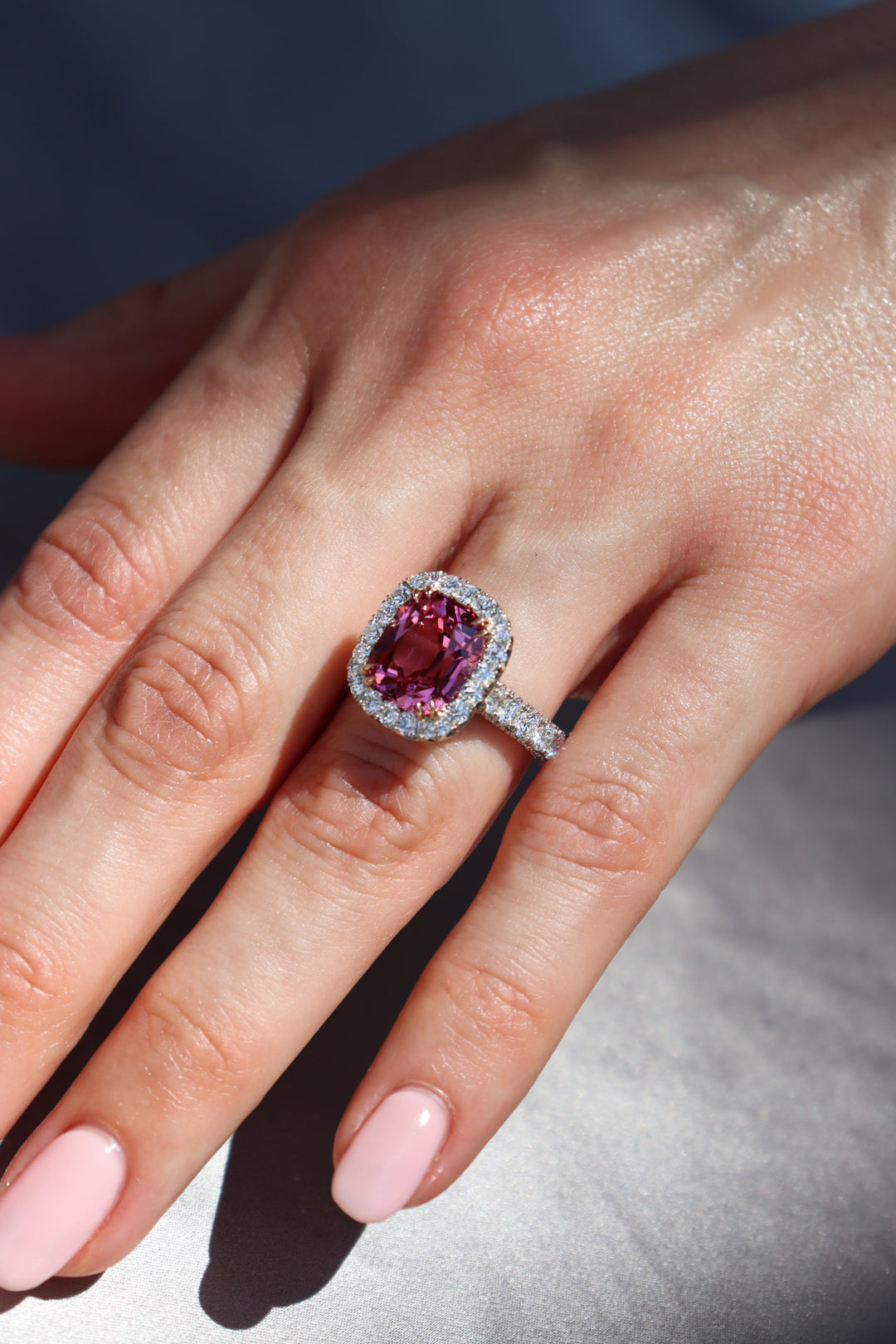 6.36ct Cushion Tanzanian Pink Spinel & Diamond Ring