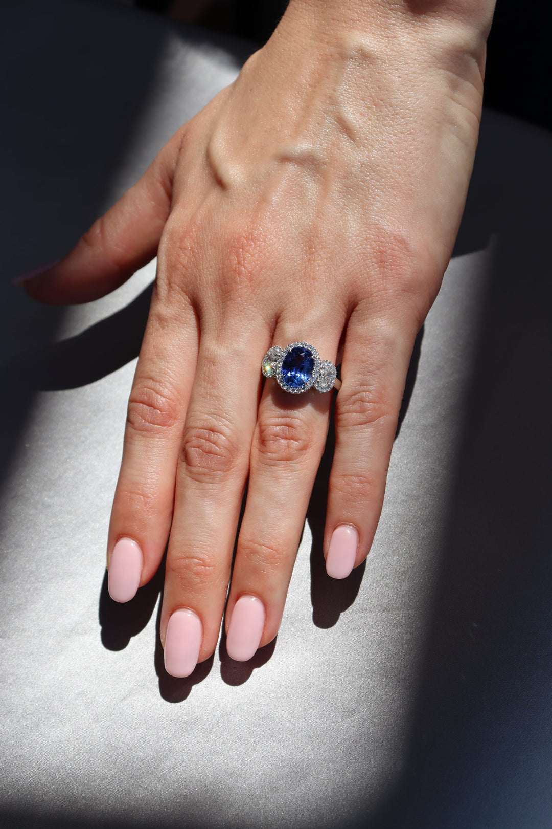 Oval Ceylon Sapphire & Diamond Three Stone Ring