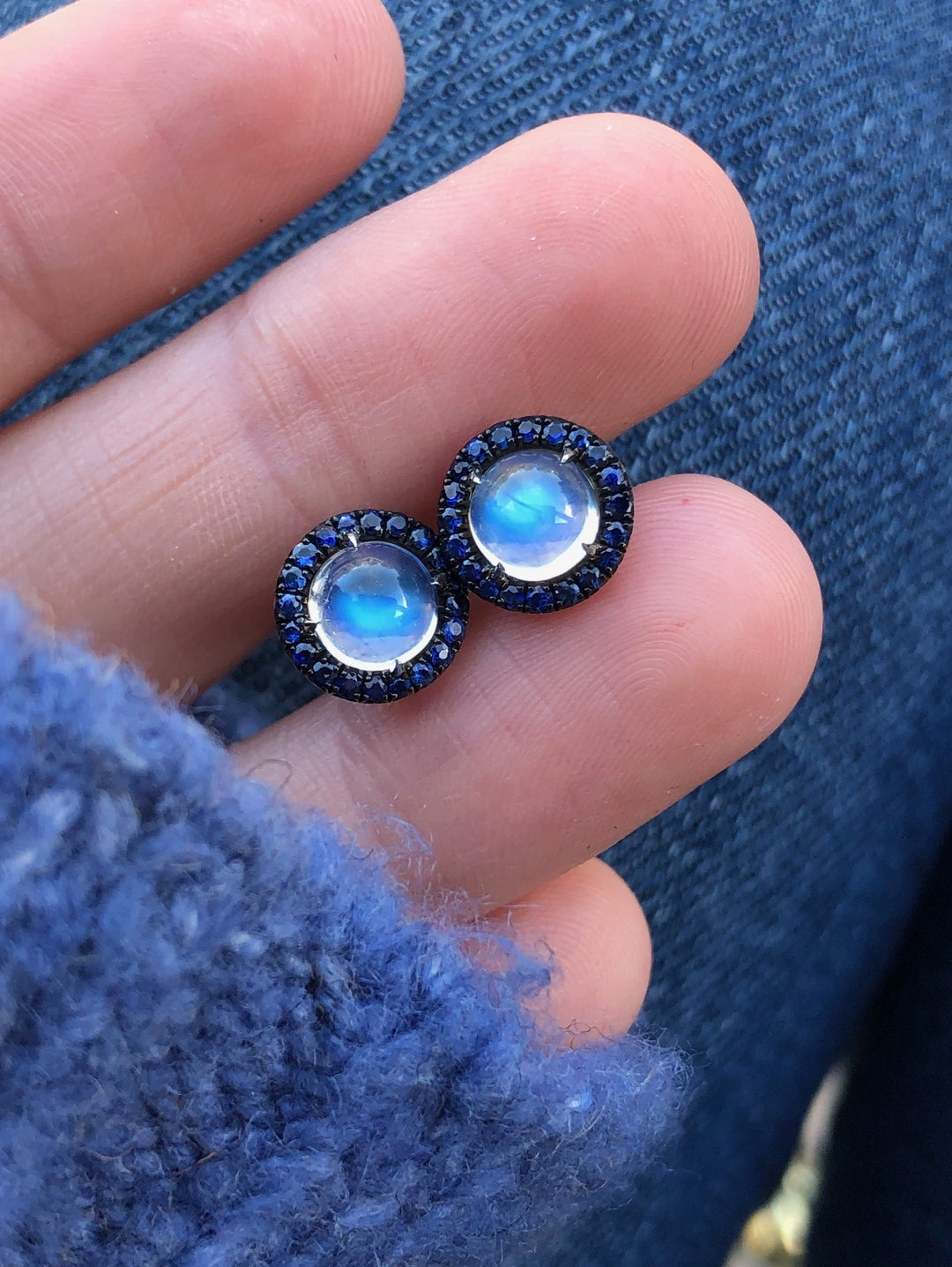 1.90ct Blue Sheen Moonstone Cabochon & Sapphire Studs