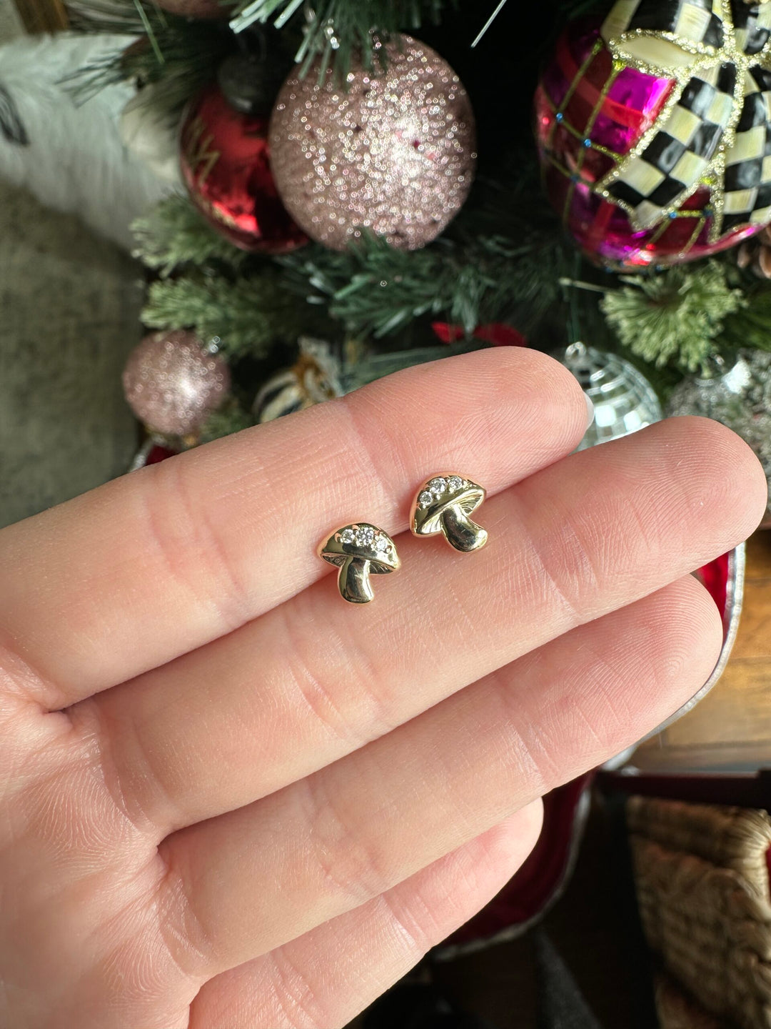 Mushroom Diamond & Gold Mini Studs in 14K Gold