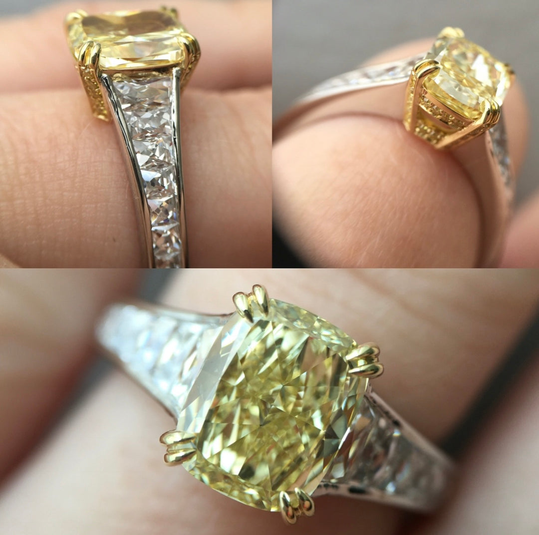 2.05ct Cushion Cut Natural Fancy Yellow Diamond & French Cut Diamond Ring