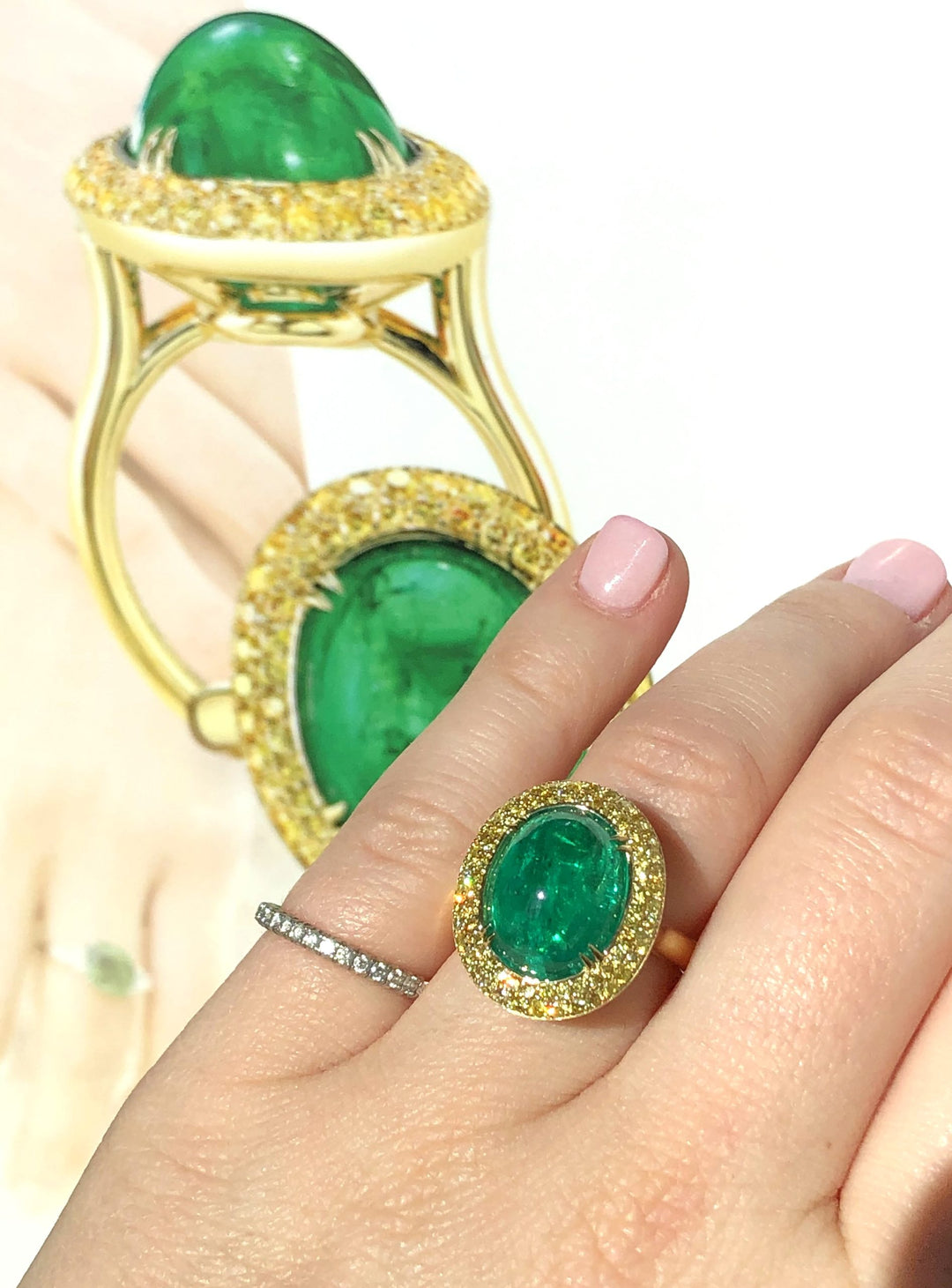 6.50ct Oval Colombian Emerald Cabochon & Fancy Yellow Diamond Ring