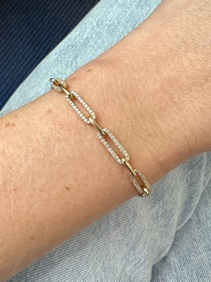 14K Gold and Diamond Paperclip Link Chain Bracelet