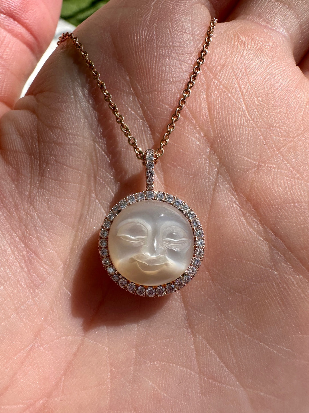 6.95ct Round "Man in the Moon" Indian Moonstone & Diamond Drop Necklace