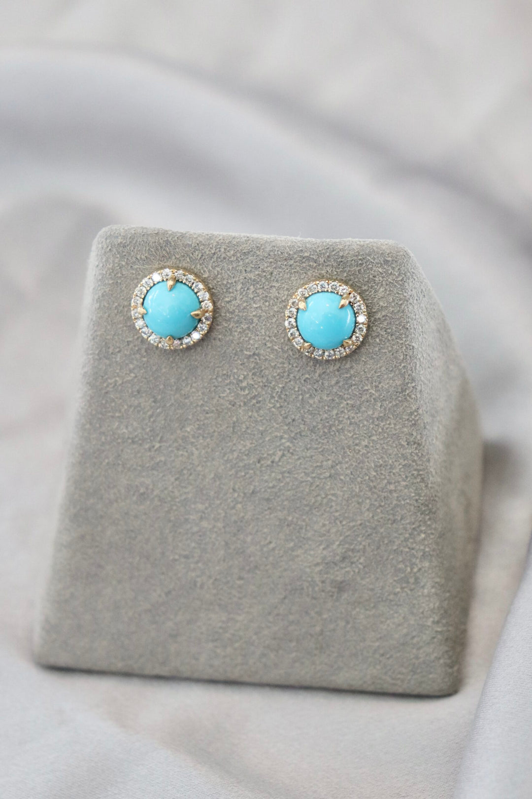 3.31ctw Round Turquoise & Diamond Stud Earrings in 18K Yellow Gold