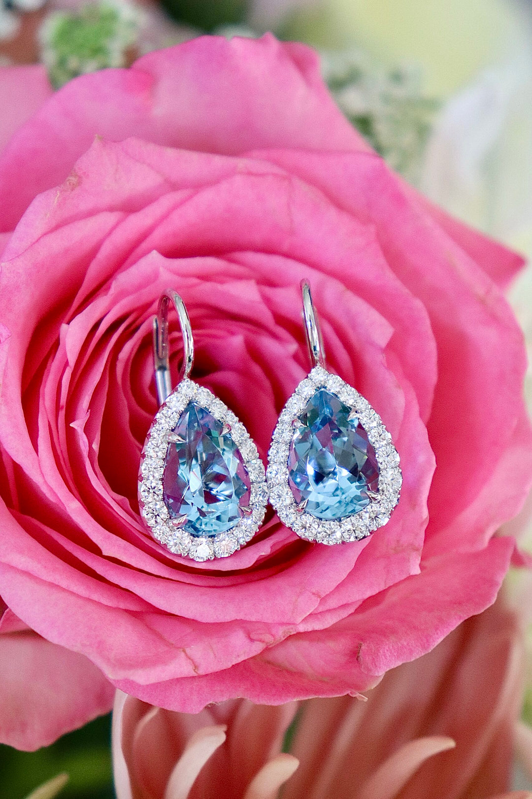 3.16ctw Pear Shape Aquamarine & Diamond Drop Earrings