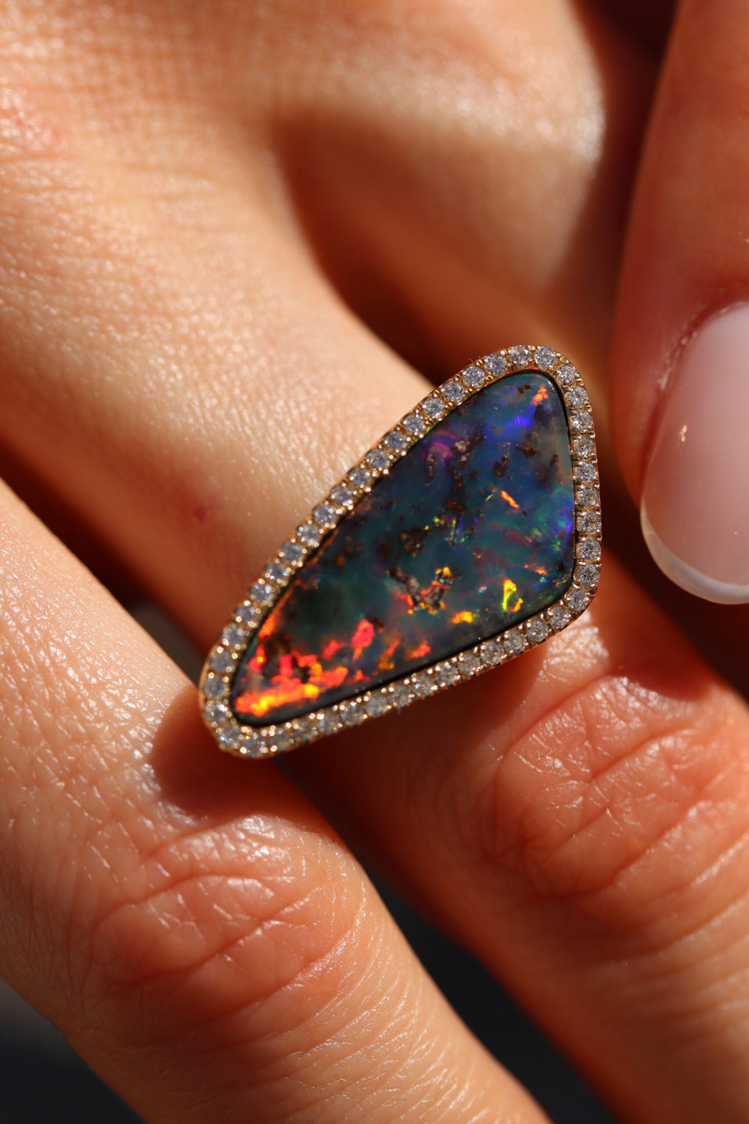 6.67ct Freeform Australian Boulder Opal & Diamond Ring