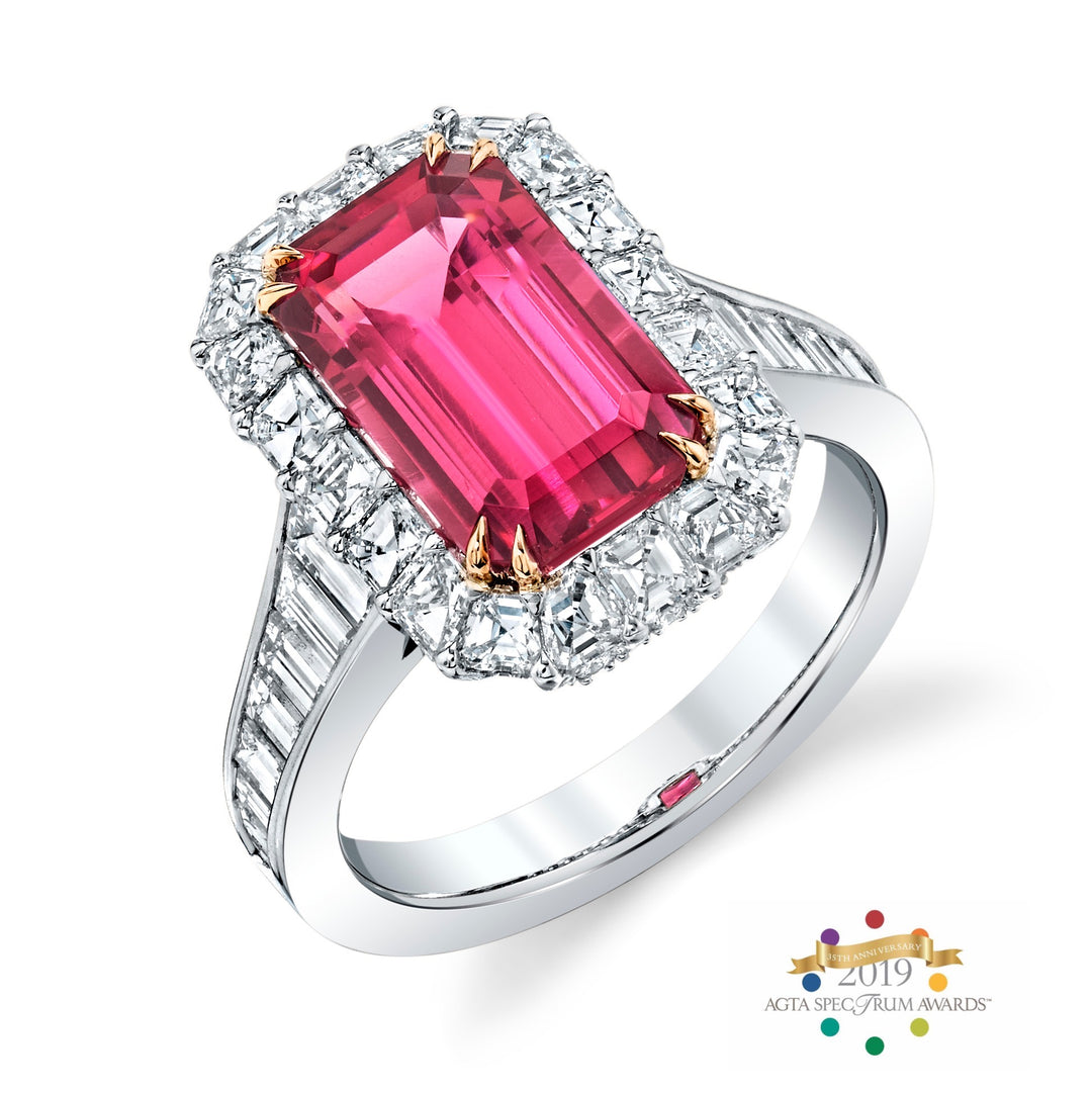 Award Winning 4.88ct Emerald Cut Spinel & Diamond Ring