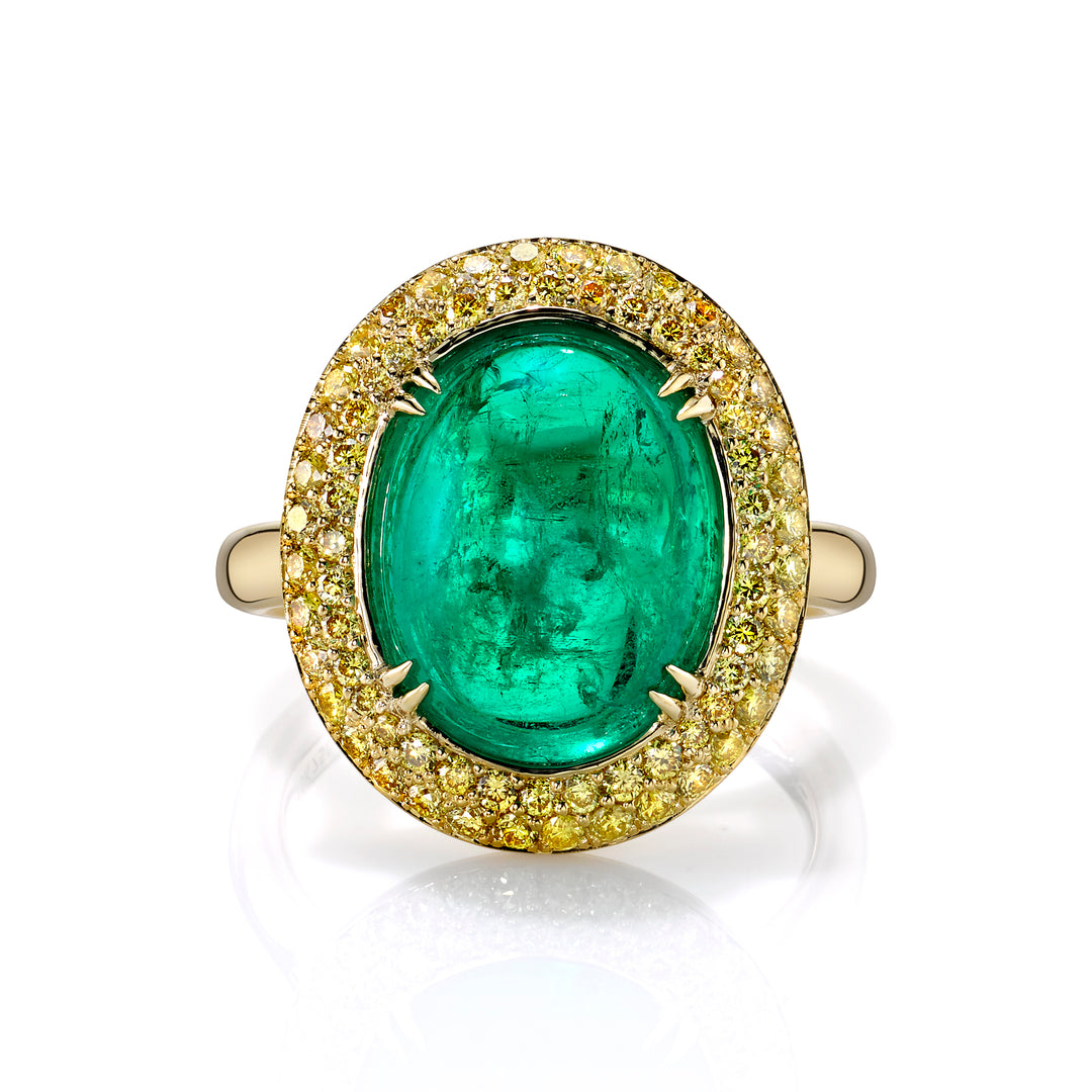 6.50ct Oval Colombian Emerald Cabochon & Fancy Yellow Diamond Ring