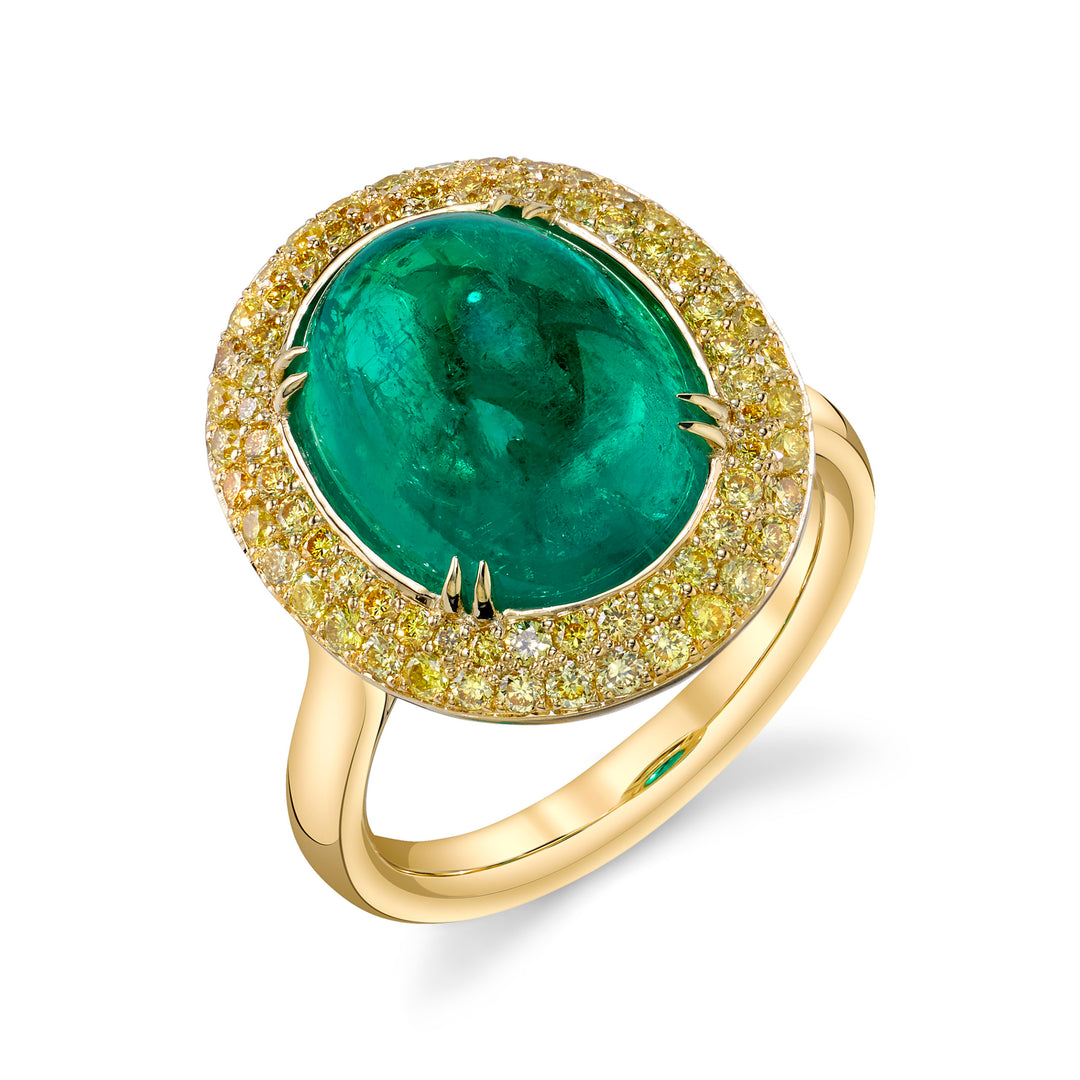 6.50ct Oval Colombian Emerald Cabochon & Fancy Yellow Diamond Ring