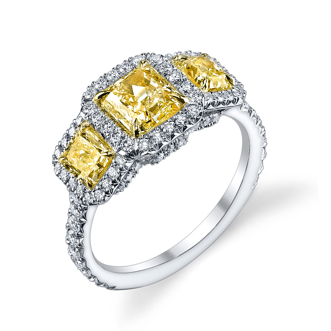 1.25ct Square Radiant Natural Fancy Yellow Diamond Three-Stone Ring