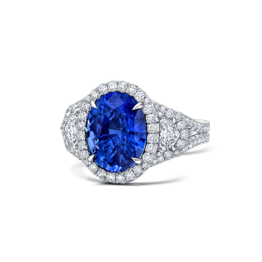 6.15ct Oval Blue Sapphire & Diamond Three Stone Ring