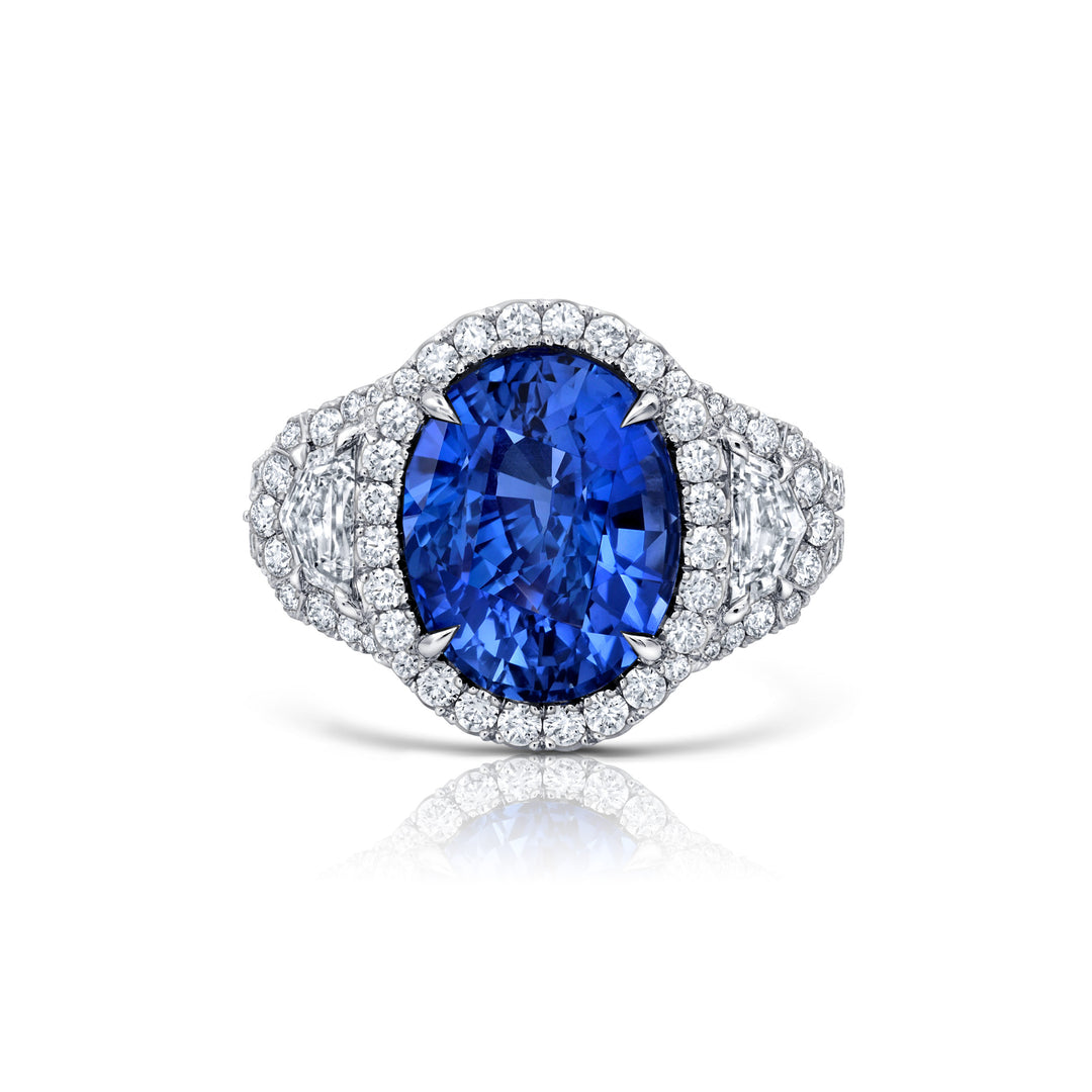 6.15ct Oval Blue Sapphire & Diamond Three Stone Ring