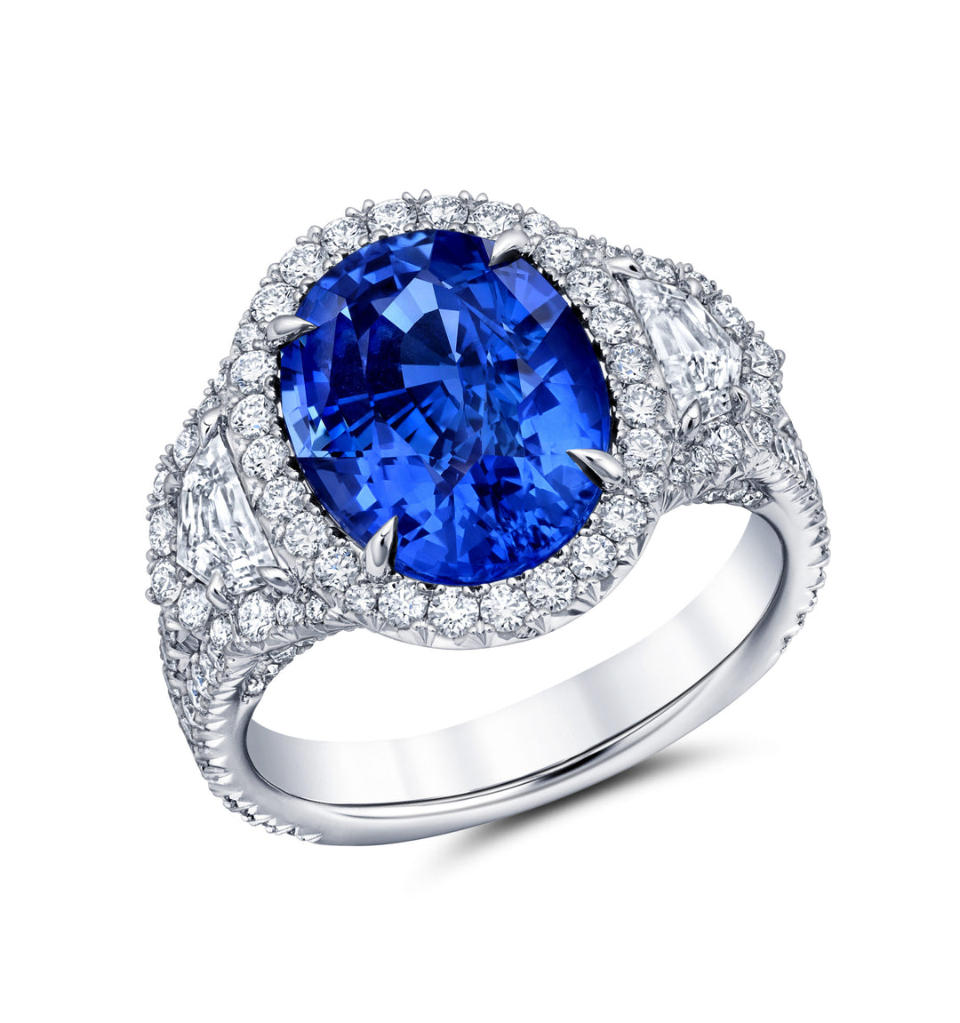 6.15ct Oval Blue Sapphire & Diamond Three Stone Ring