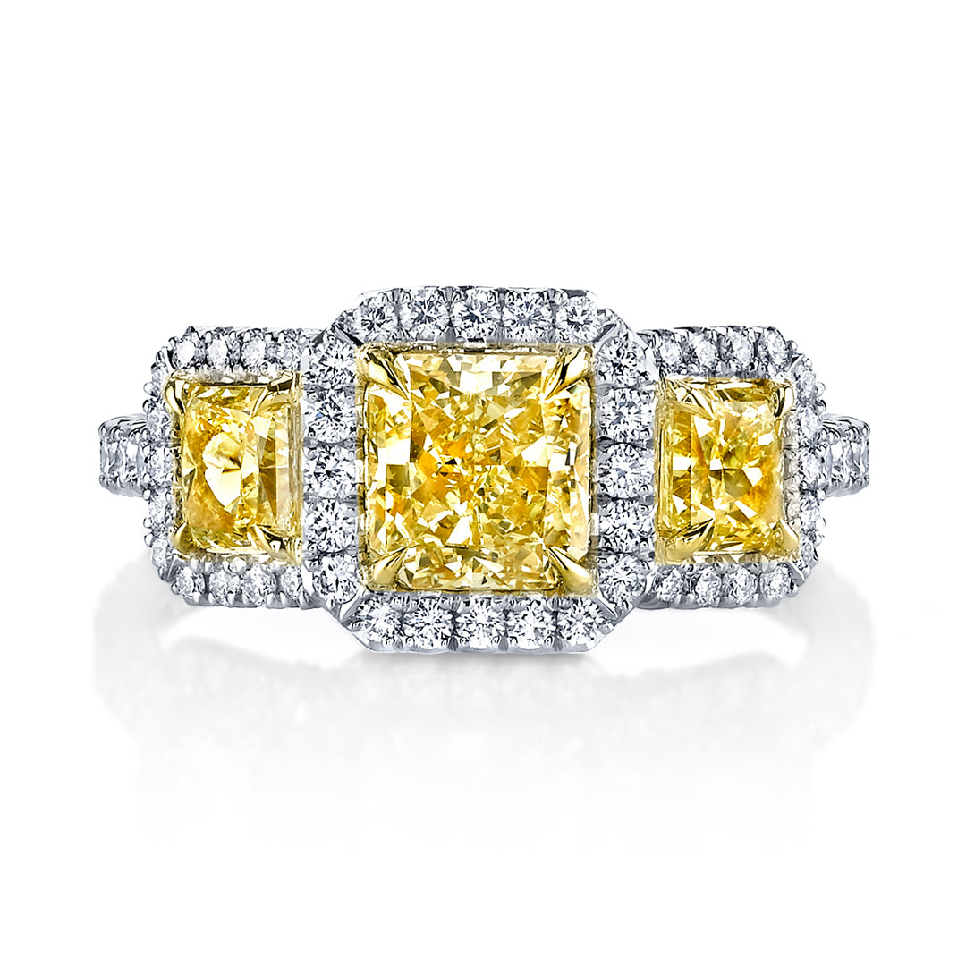 1.25ct Square Radiant Natural Fancy Yellow Diamond Three-Stone Ring