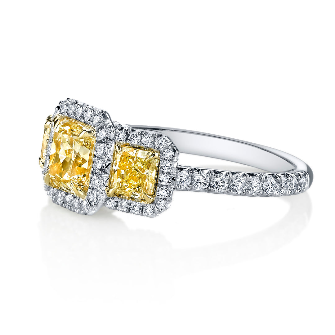 1.25ct Square Radiant Natural Fancy Yellow Diamond Three-Stone Ring