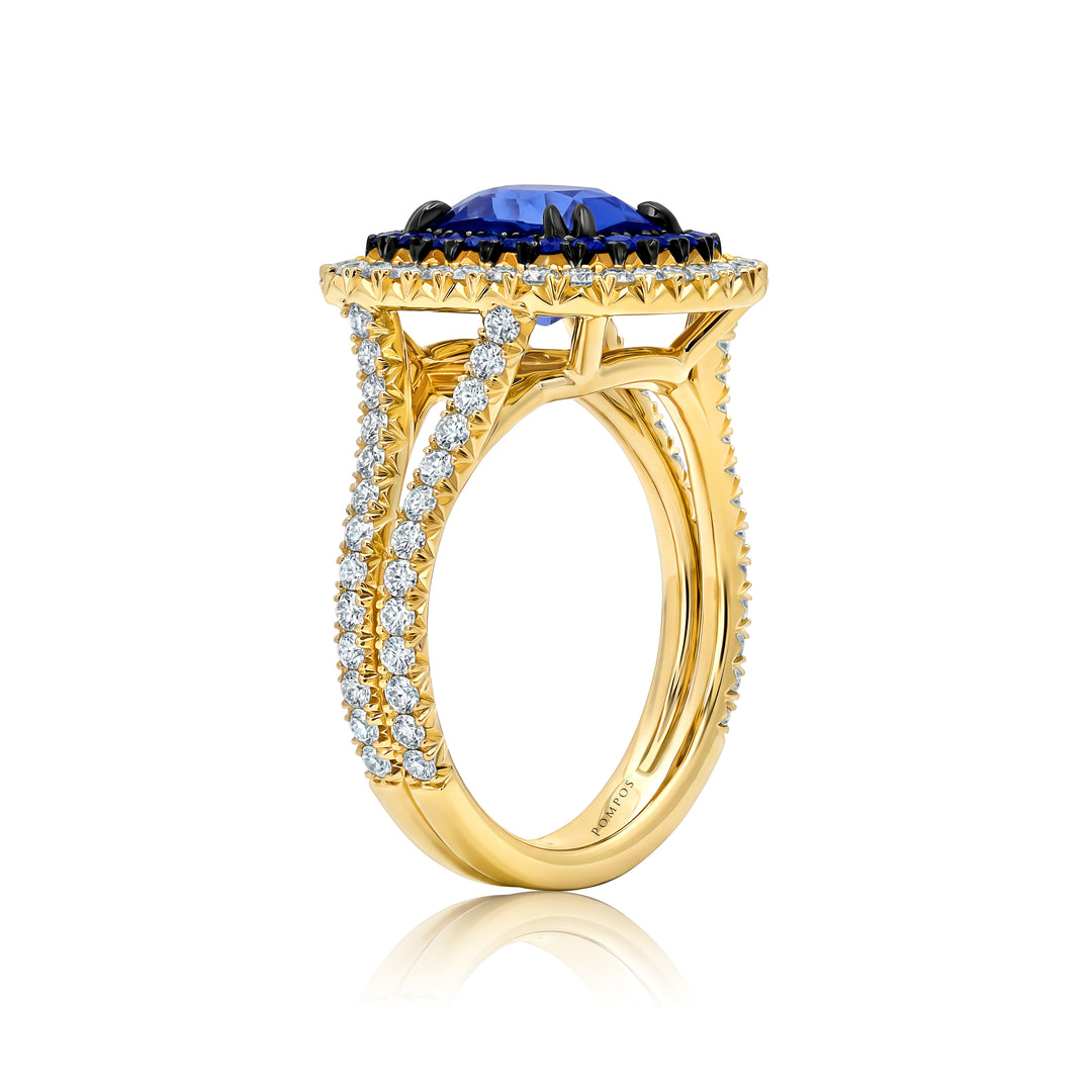 2.46ct Cushion Blue Sapphire & Diamond Ring in 18K Yellow Gold
