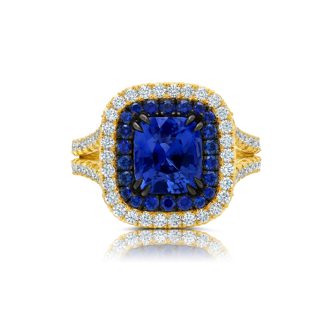 2.46ct Cushion Blue Sapphire & Diamond Ring in 18K Yellow Gold