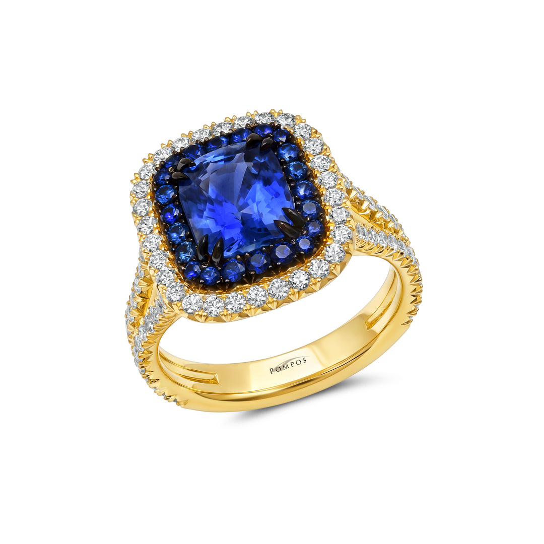 2.46ct Cushion Blue Sapphire & Diamond Ring in 18K Yellow Gold