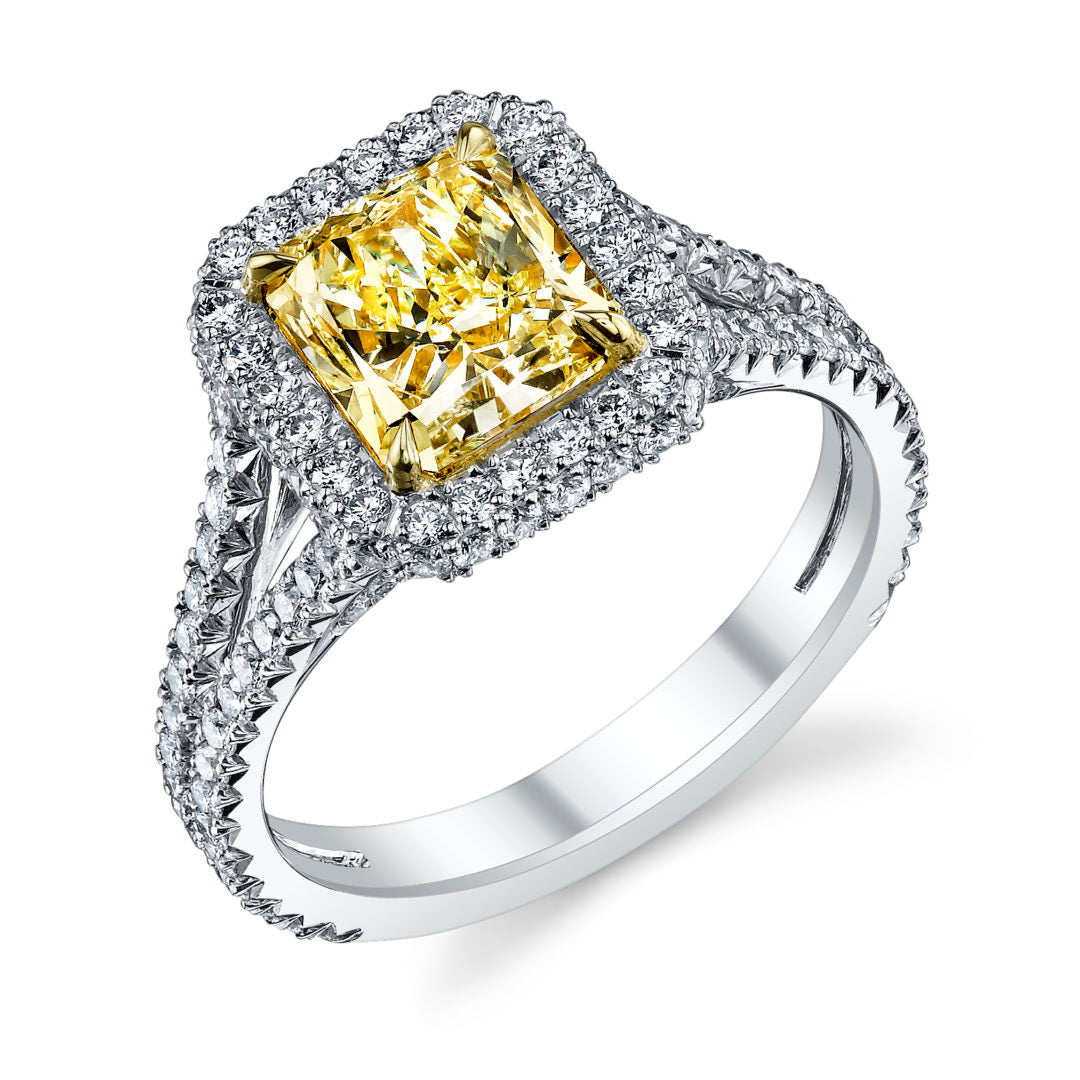 Radiant Fancy Yellow Split Shank Diamond Ring