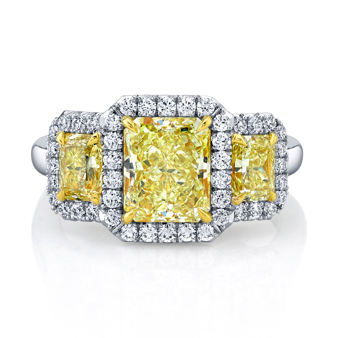 Radiant Fancy Yellow Diamond Three Stone Ring