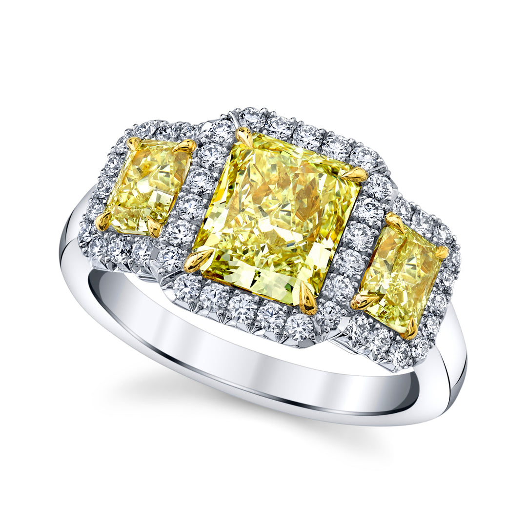 Radiant Fancy Yellow Diamond Three Stone Ring