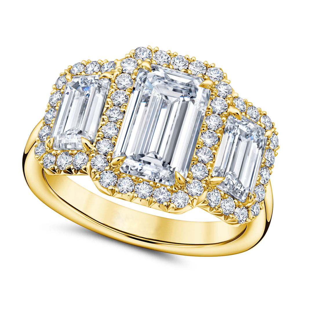 Emerald Cut Diamond Three Stone Ring in 18K Yellow Gold