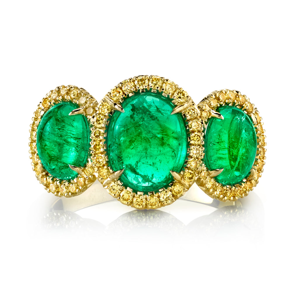 Emerald Cabochon & Fancy Yellow Diamond Three-Stone Ring