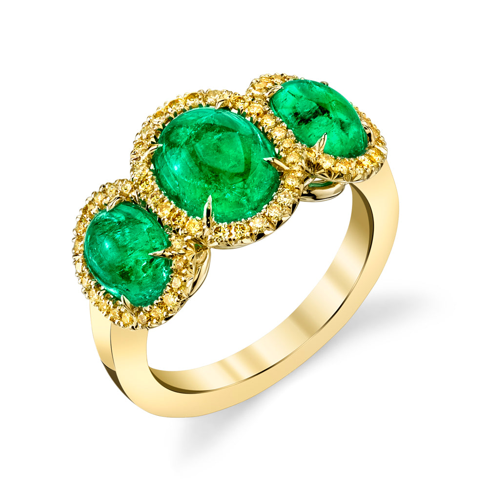 Emerald Cabochon & Fancy Yellow Diamond Three-Stone Ring