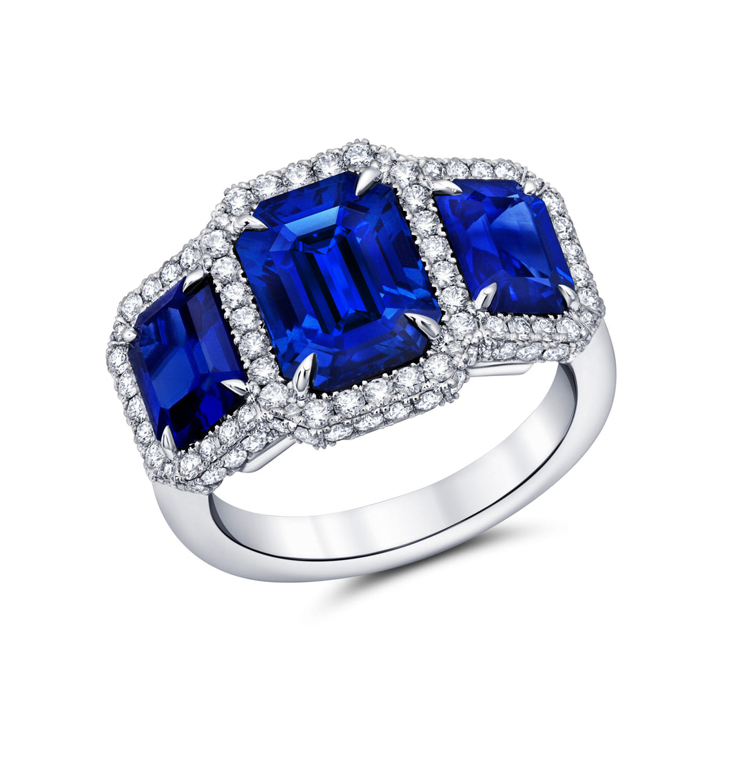 4.21ct Emerald Cut Sapphire & Diamond Three Stone Ring