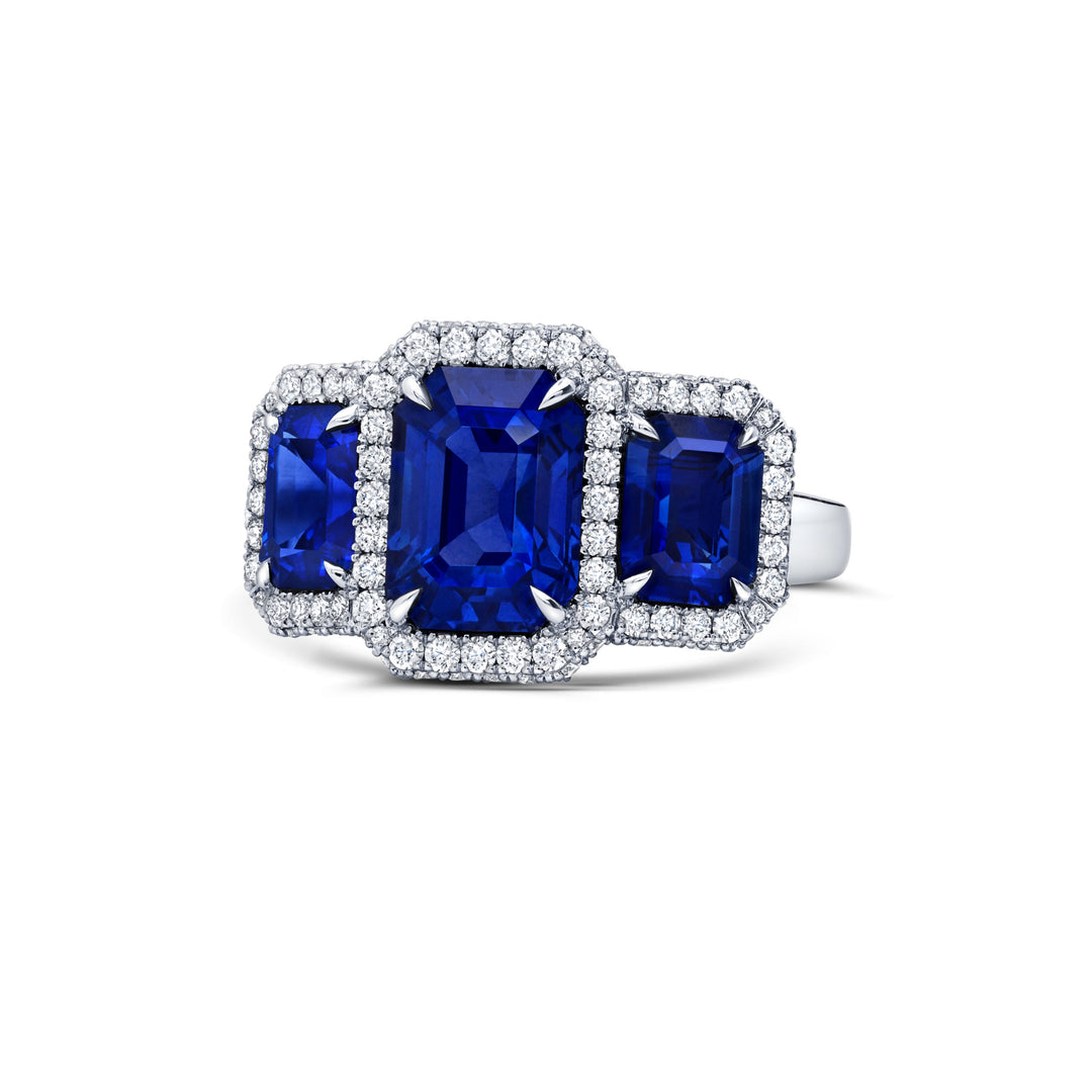 4.21ct Emerald Cut Sapphire & Diamond Three Stone Ring