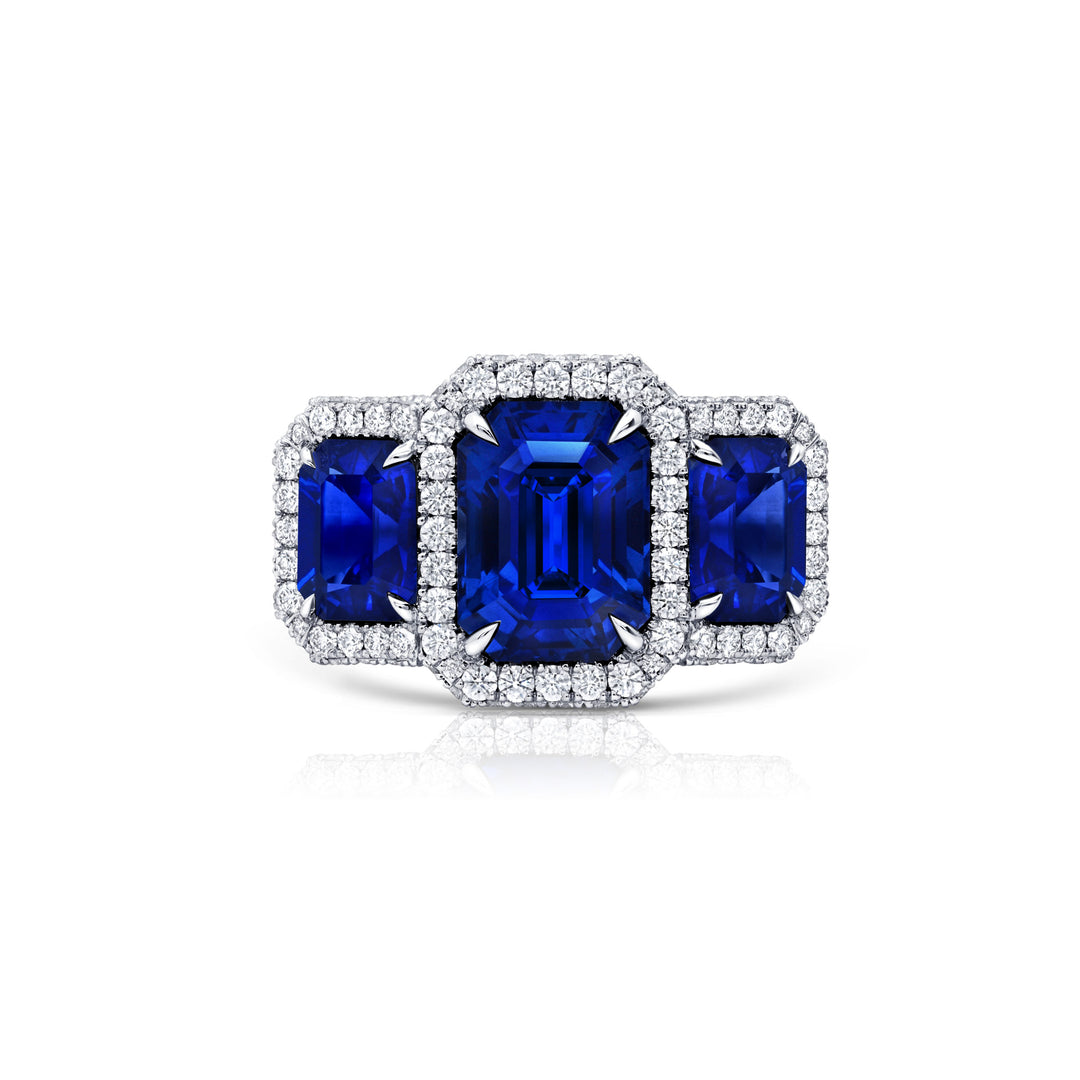 4.21ct Emerald Cut Sapphire & Diamond Three Stone Ring