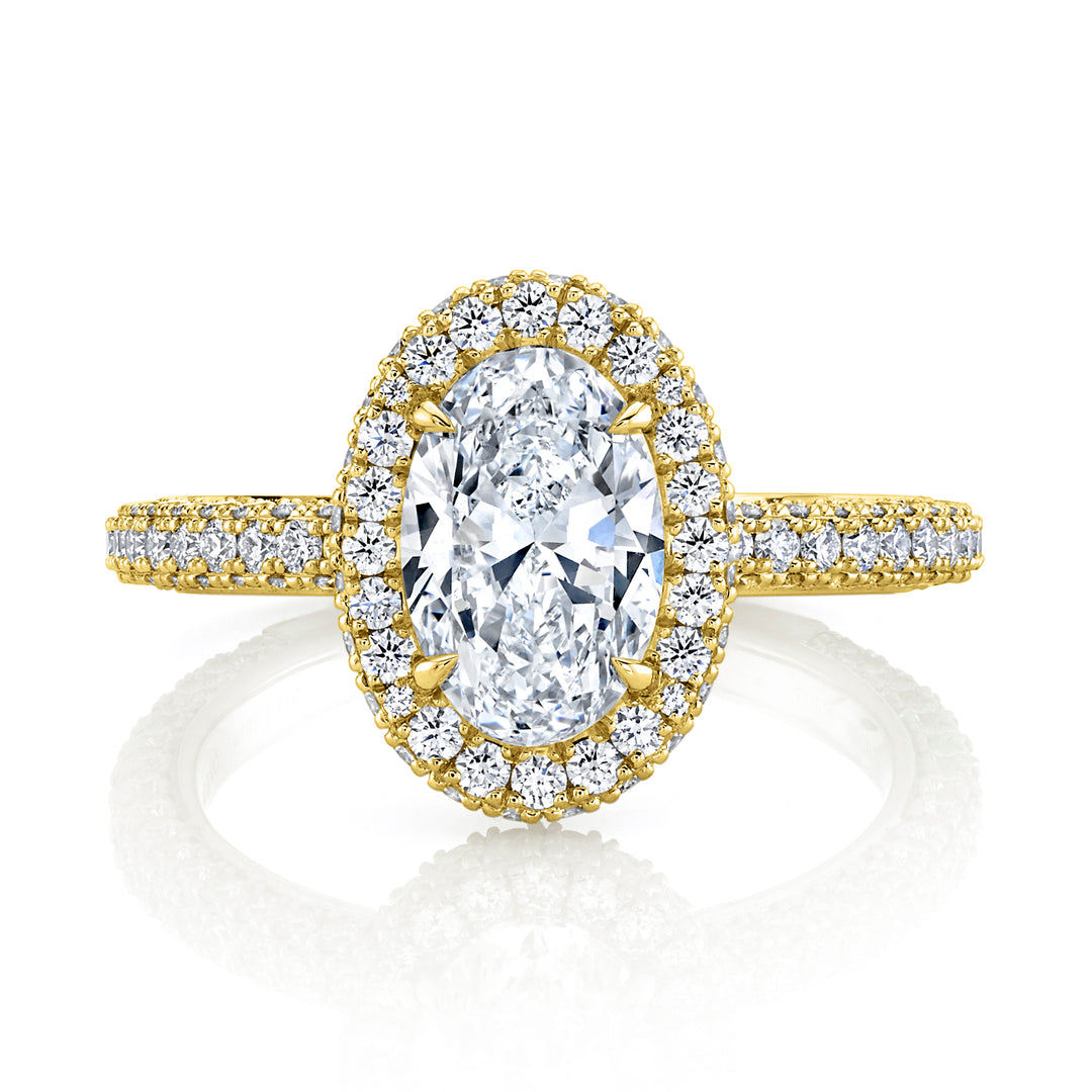 Top & Side Oval Halo Diamond Engagement Ring in 18K Yellow Gold.