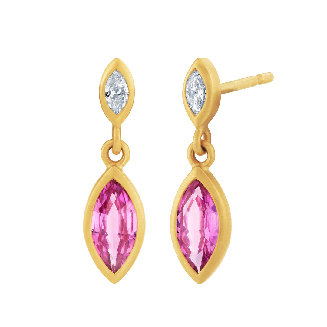 1.32ctw Pink Sapphire & Diamond Dangle Bezel Earrings in 18K Yellow Gold