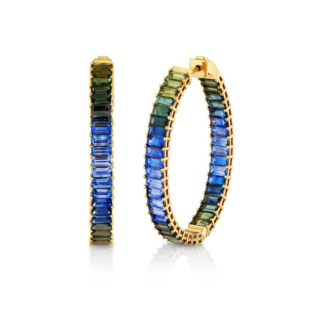 10.90ctw Blue & Green Ombre Baguette Sapphire Hoop Earrings in 18K Yellow Gold