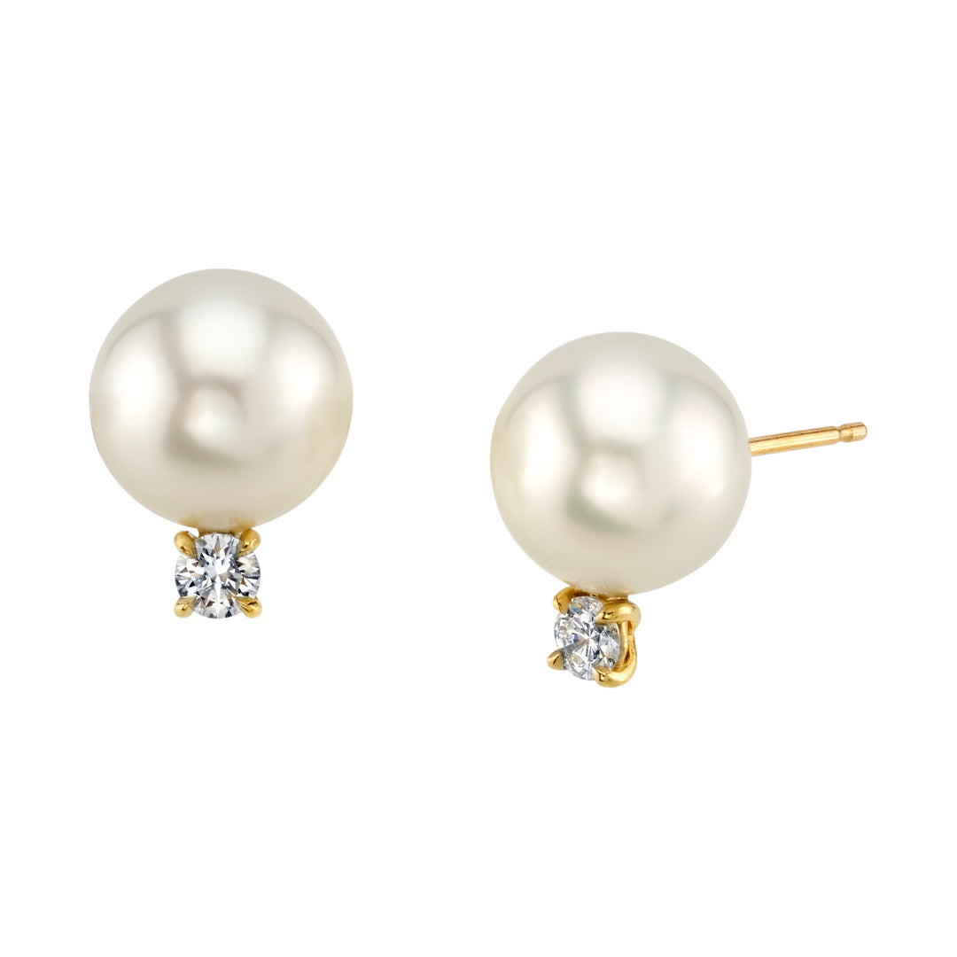 10mm Fine White South Sea Pearl & Diamond Stud Earrings