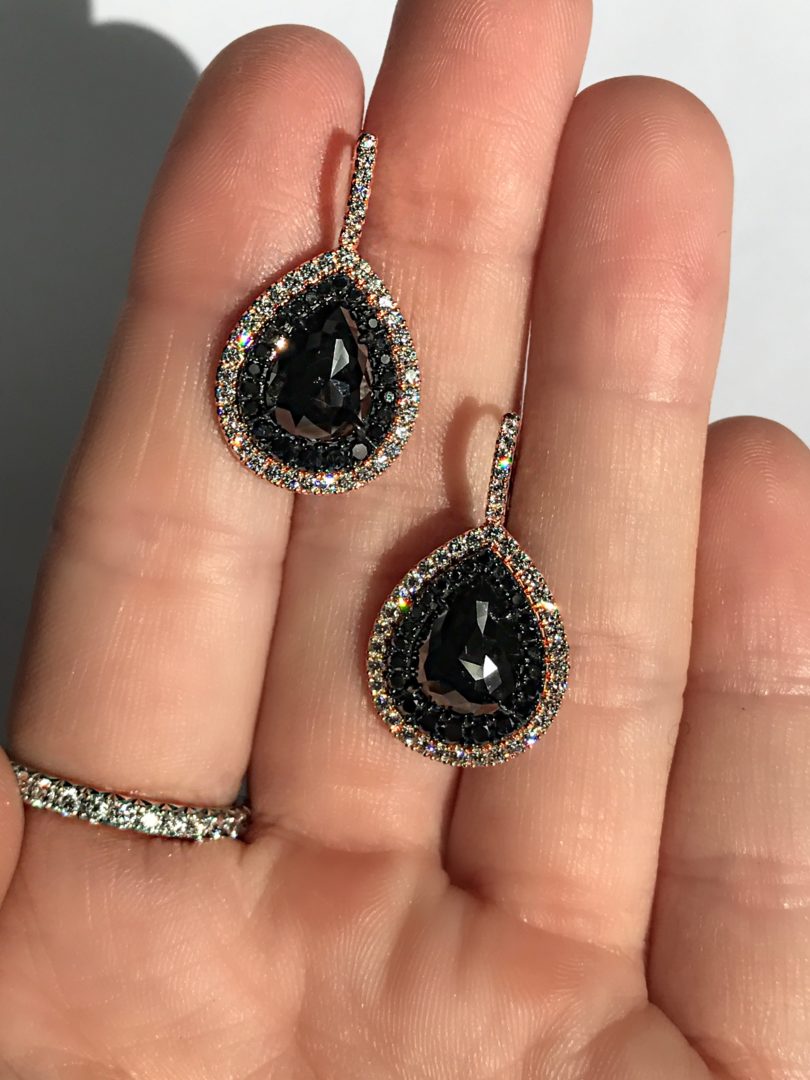 4.28ctw Black Diamond Rose Cut Pear Shape Earrings in 18K Rose Gold