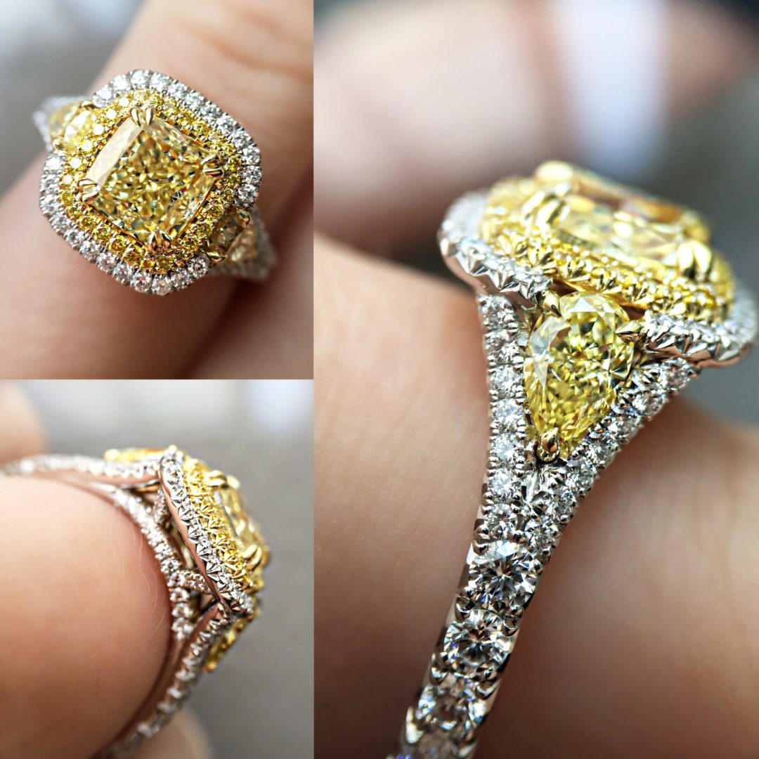 2.05ct Cushion Natural Fancy Yellow Three Stone Diamond Ring