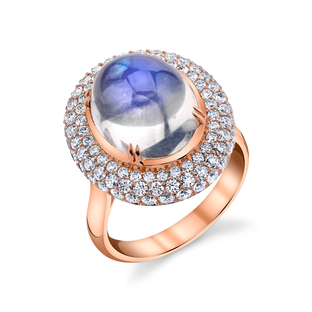 10.39ct Oval Blue Sheen Moonstone Cabaochon & Diamond Ring